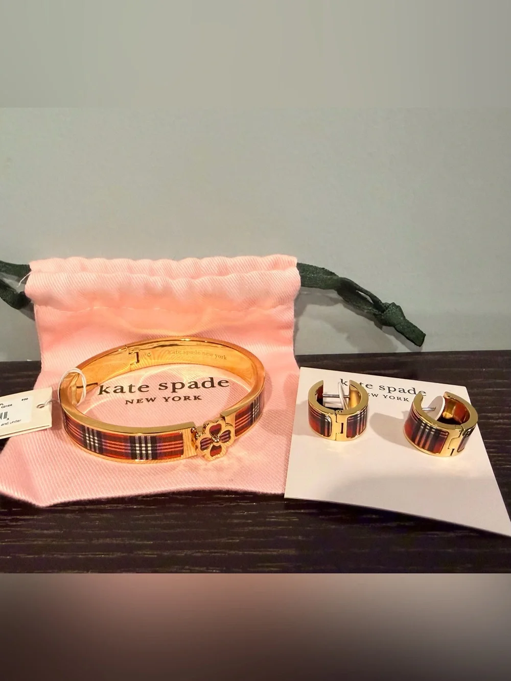 kate spade Gold-Tone Pink Plaid Heritage Flower Hinged Bangle & Earring Set